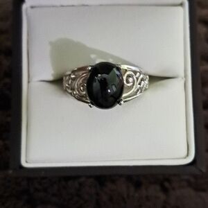 Black Cat's Eye Solitaire Ring In Platinum Over 925 Sterling Silver